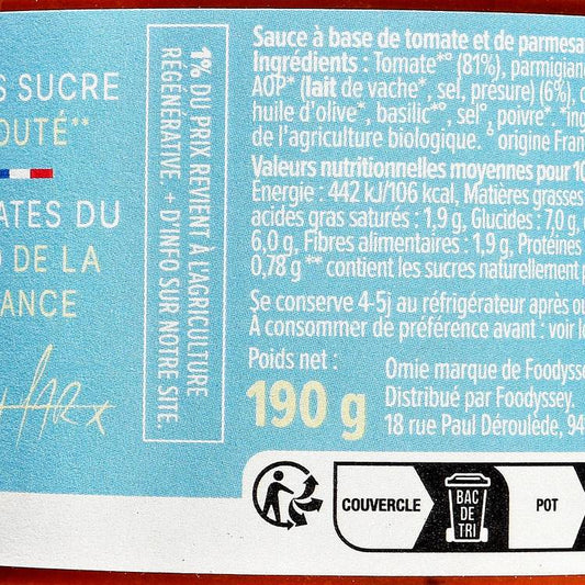 La Sauce tomate et parmesan BIO "Omie"